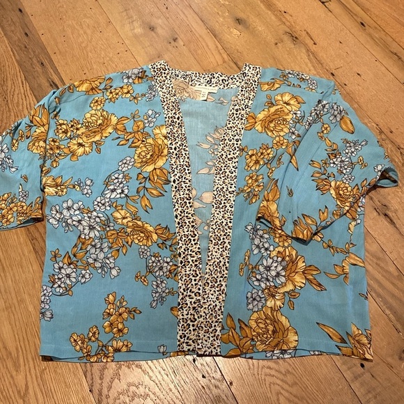 Anthropologie Andersen & Lauth Kimono Open Front Duck Egg Blue Floral Animal OS - Picture 5 of 9